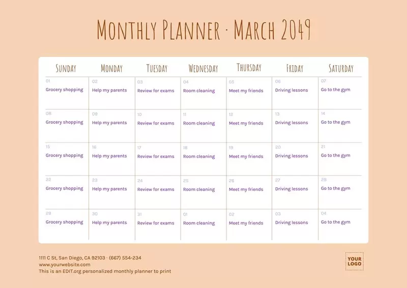 Custom monthly calendar template to personalize