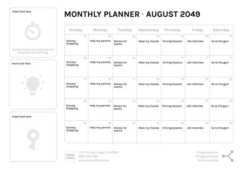 Customizable monthly scheduling template to print