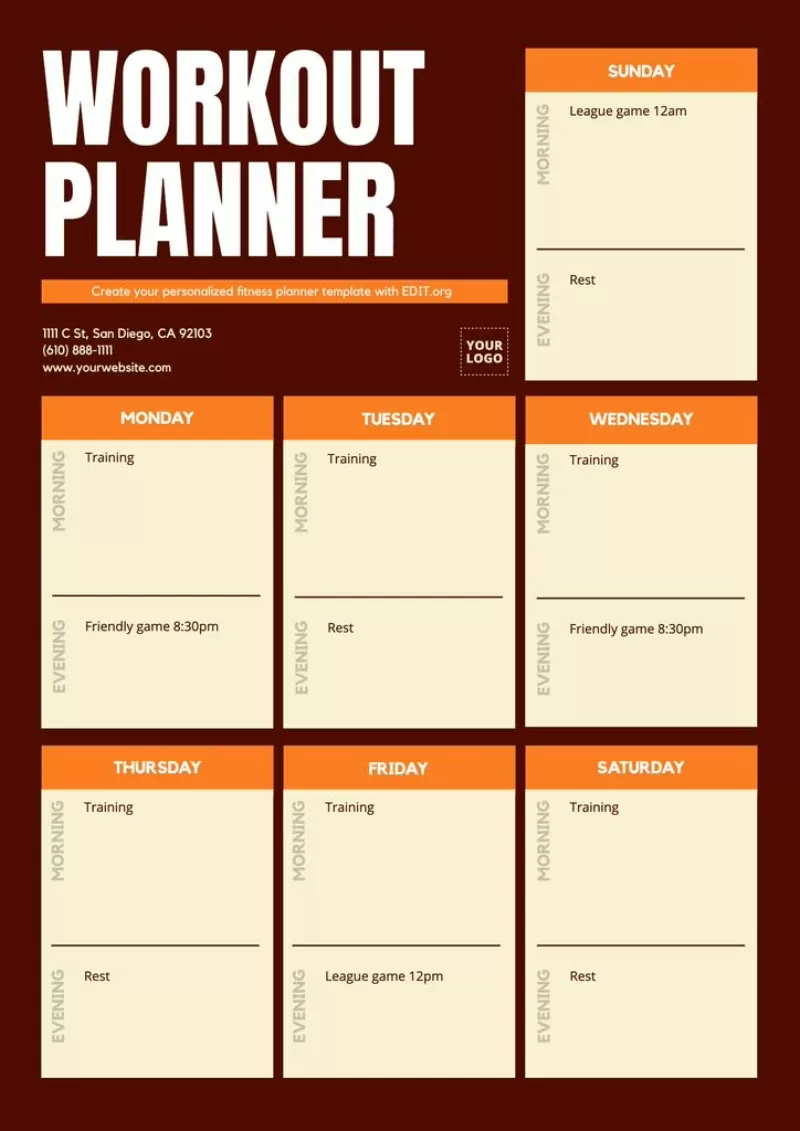 Week plan template to organize training schedule