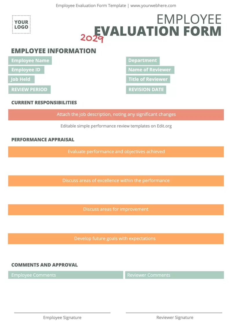Printable simple performance review template for human resources