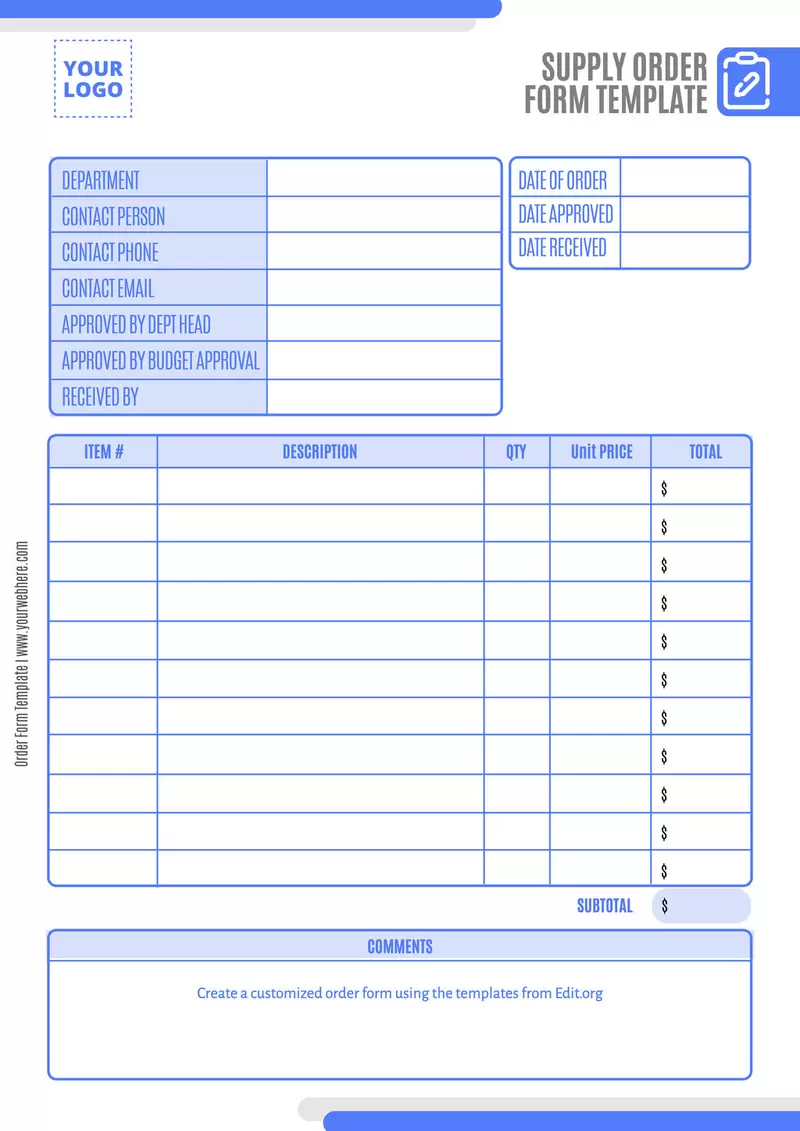 Editable supply order form template to customize online