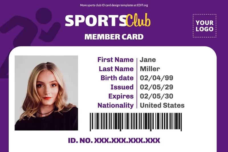 Printable blank id card template for sports clubs