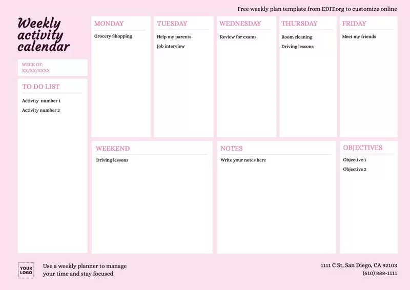 Printable blank weekly planner