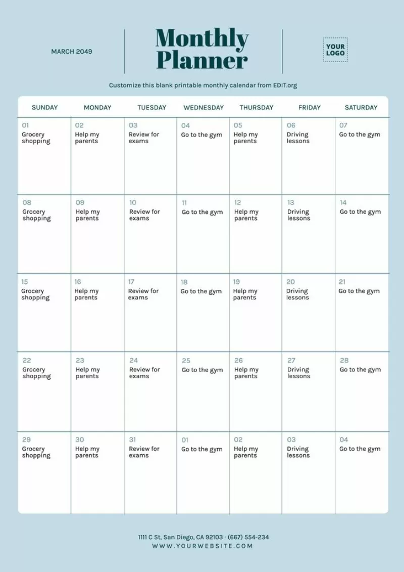 Editable blank monthly calendar template