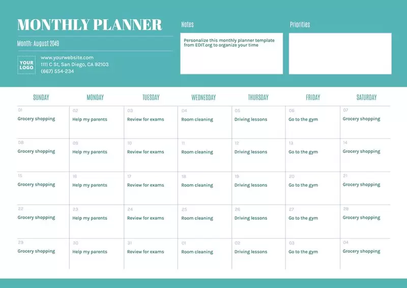 Monthly organizer with notes pages to print