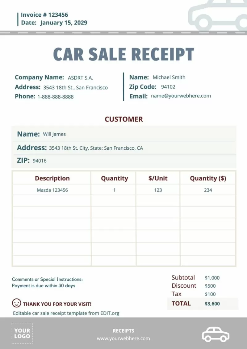 Printable free car sale receipt template