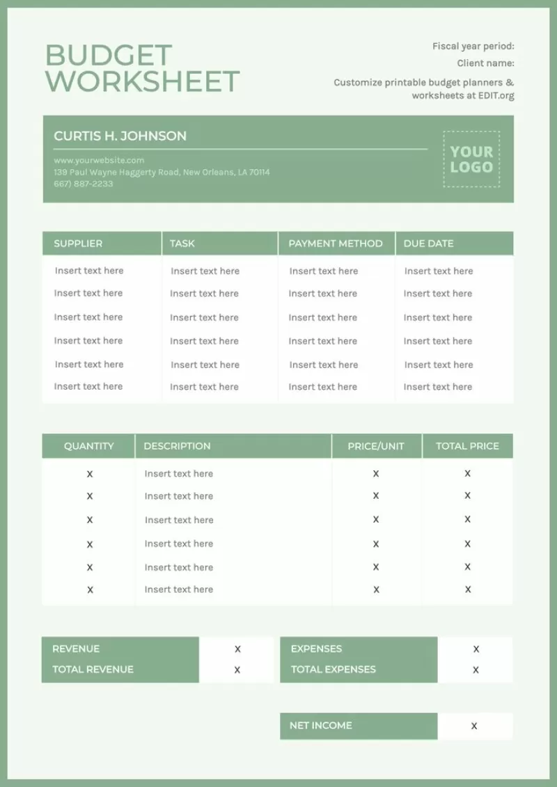 Customizable monthly budgeting template